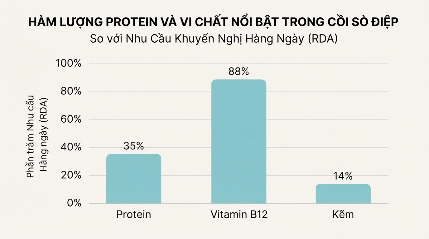 Hàm lượng protein và vi chất trong cồi sò điệp đáp ứng tỷ lệ vượt trội theo chuẩn RDA.