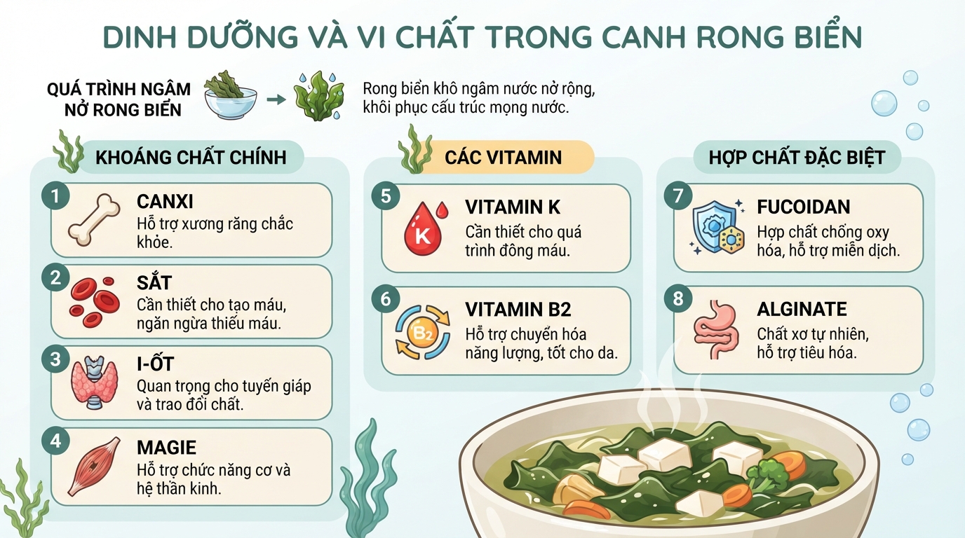 Hàm lượng vi chất và khoáng chất tự nhiên có trong bát canh rong biển dinh dưỡng.