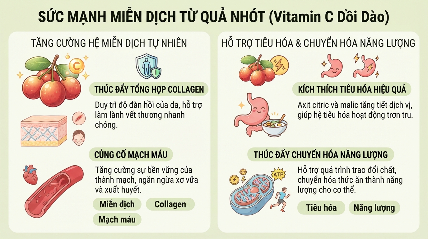 Hàm lượng vitamin C dồi dào trong quả nhót giúp củng cố hệ miễn dịch tự nhiên.