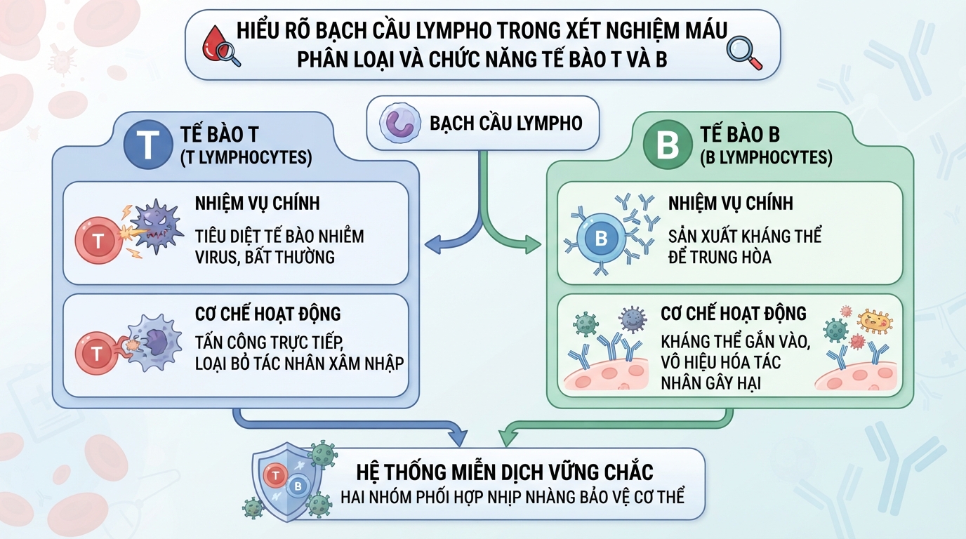 Hiểu rõ lym trong xét nghiệm máu là gì qua phân loại lympho T và B.
