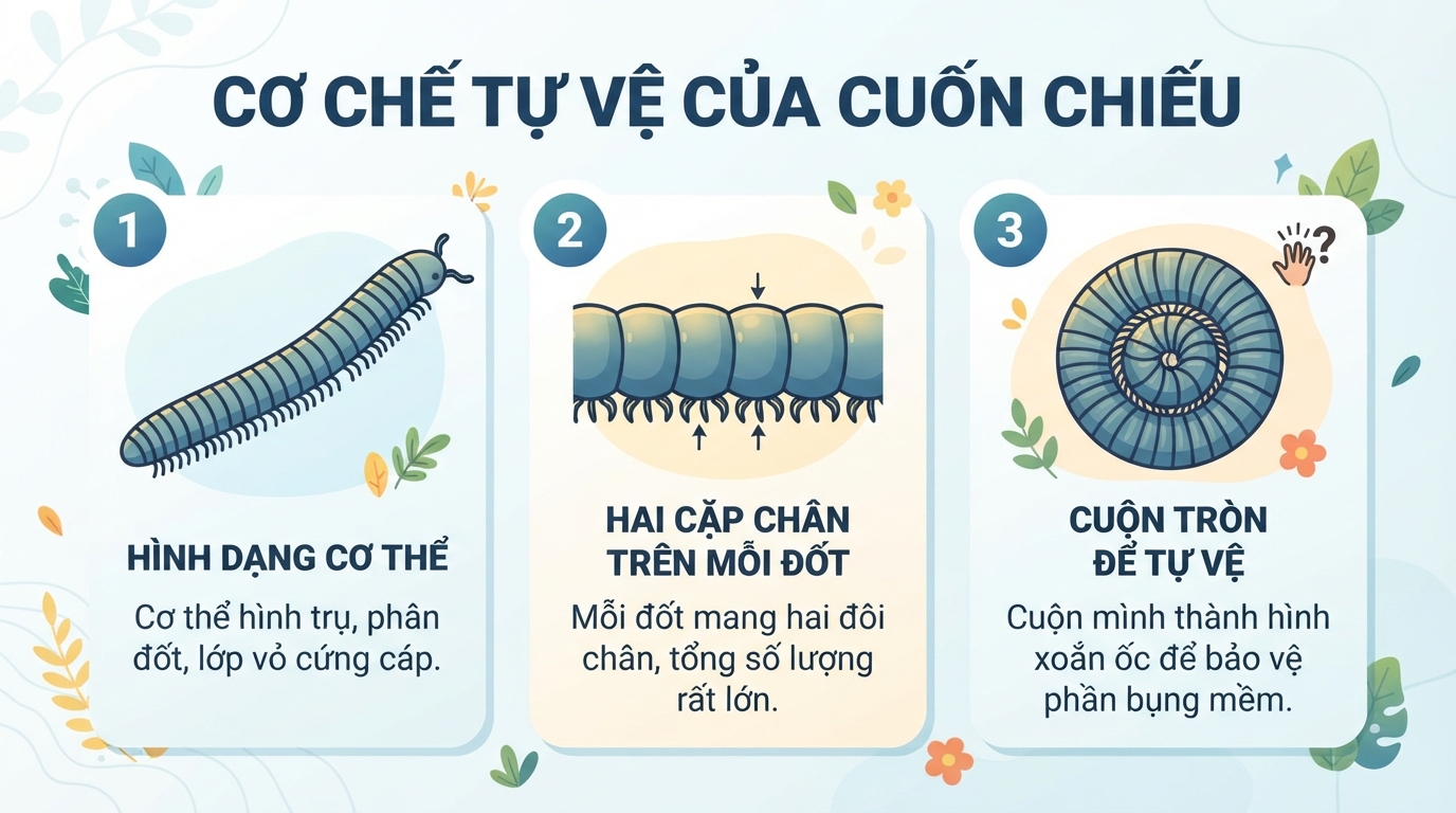Hình ảnh con cuốn chiếu cuộn tròn cơ thể theo hình xoắn ốc để tự vệ thụ động.