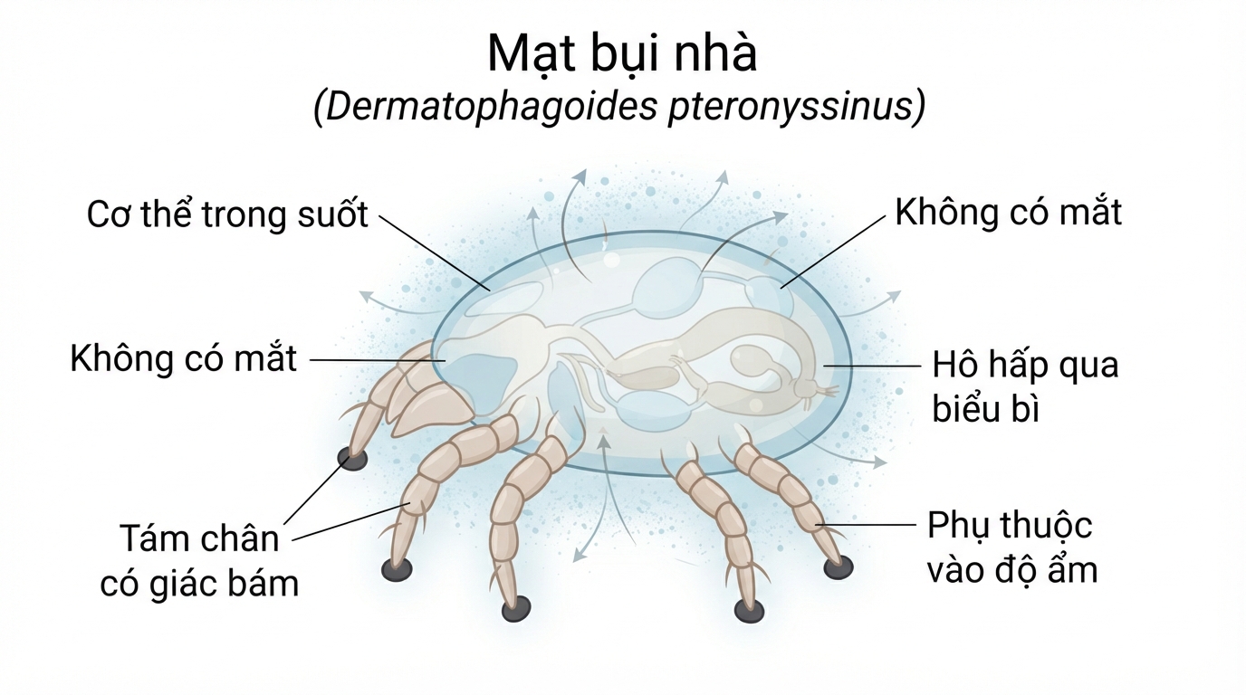 Hình ảnh mô phỏng cấu tạo cơ thể con mạt bụi nhà dưới kính hiển vi.