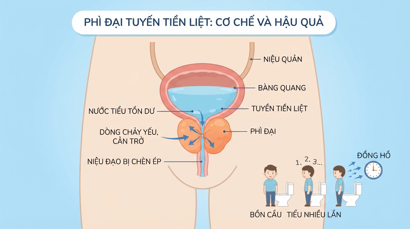 Hình ảnh mô phỏng tuyến tiền liệt phì đại chèn ép niệu đạo gây tiểu nhiều lần.