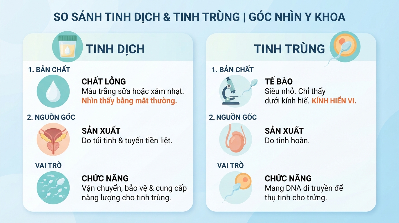 Hình ảnh so sánh tinh dịch và tinh trùng là gì dưới góc nhìn y khoa.