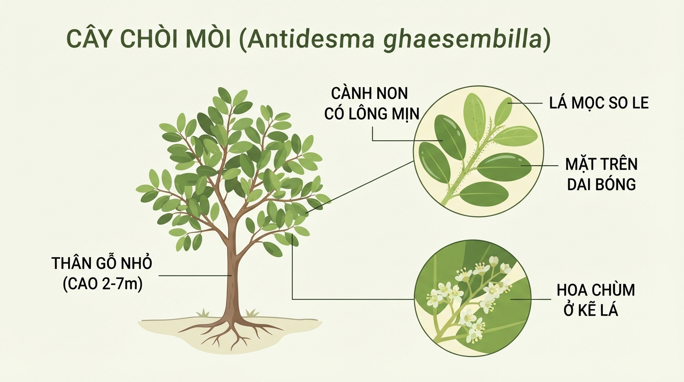 Hình minh họa đặc điểm thân, lá và hoa của cây chòi mòi.