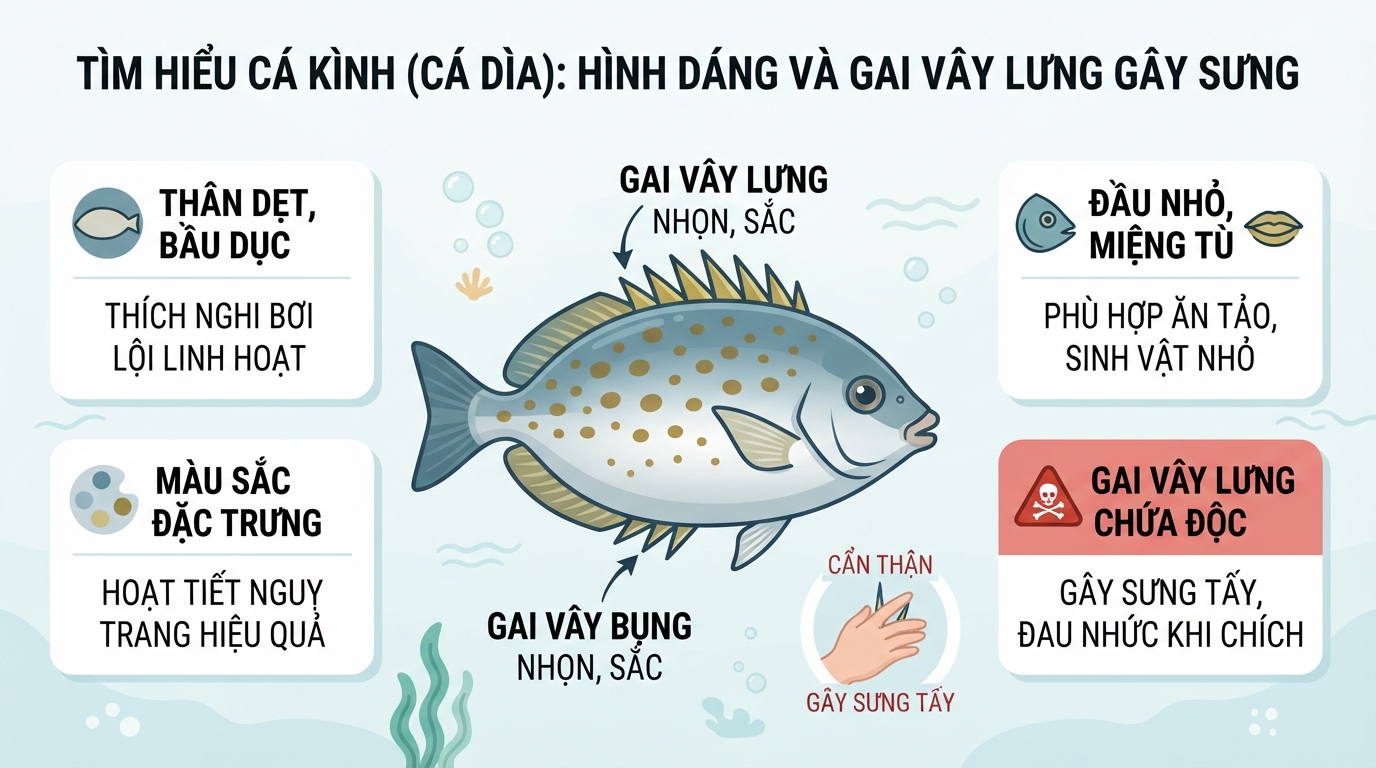Hình thái đặc trưng cá kình và gai vây lưng chứa độc tố dễ gây sưng tấy.