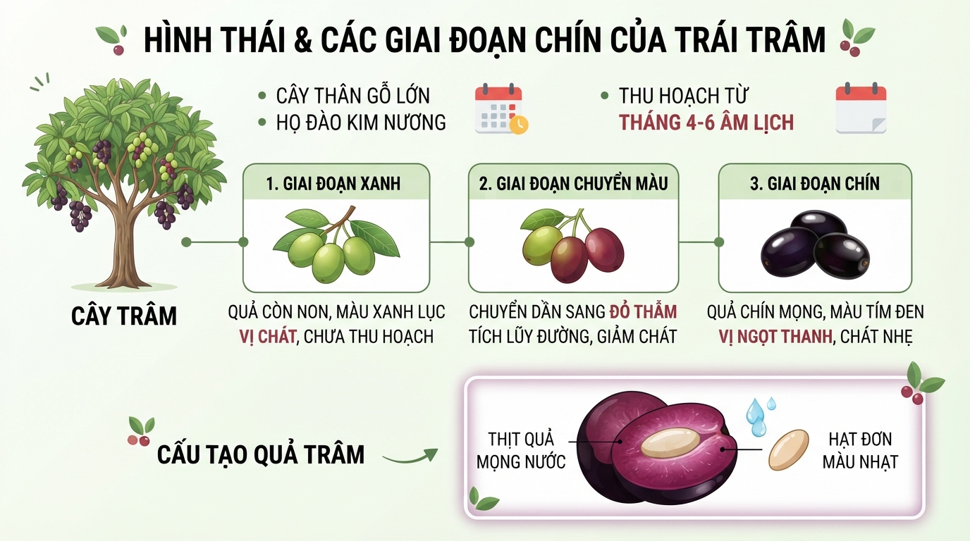 Hình thái tự nhiên và các giai đoạn chuyển màu của trái trâm khi chín mọng.