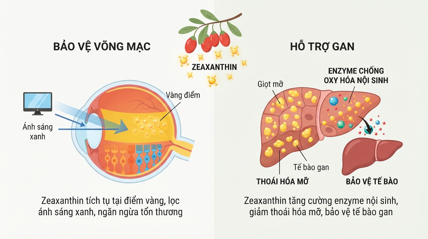 Hoạt chất zeaxanthin từ kỷ tử tích lũy tại võng mạc tạo màng lọc ánh sáng xanh.
