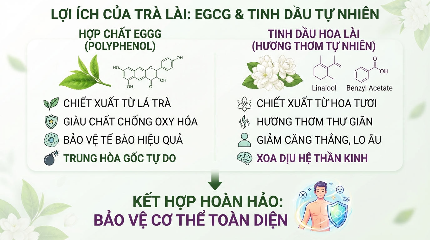Hợp chất EGCG và tinh dầu trong trà lài hỗ trợ chống oxy hóa và bảo vệ cơ thể.