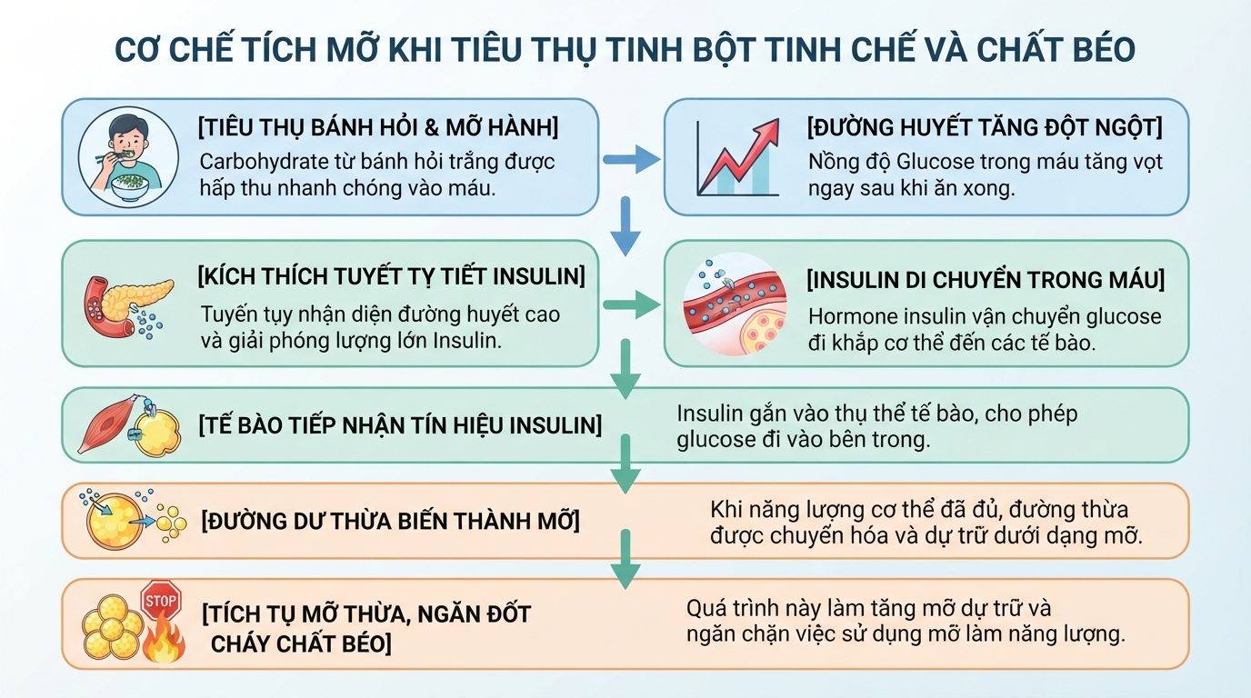 Hormone insulin được kích hoạt nhanh chóng khi tiêu thụ tinh bột tinh chế kèm chất béo.