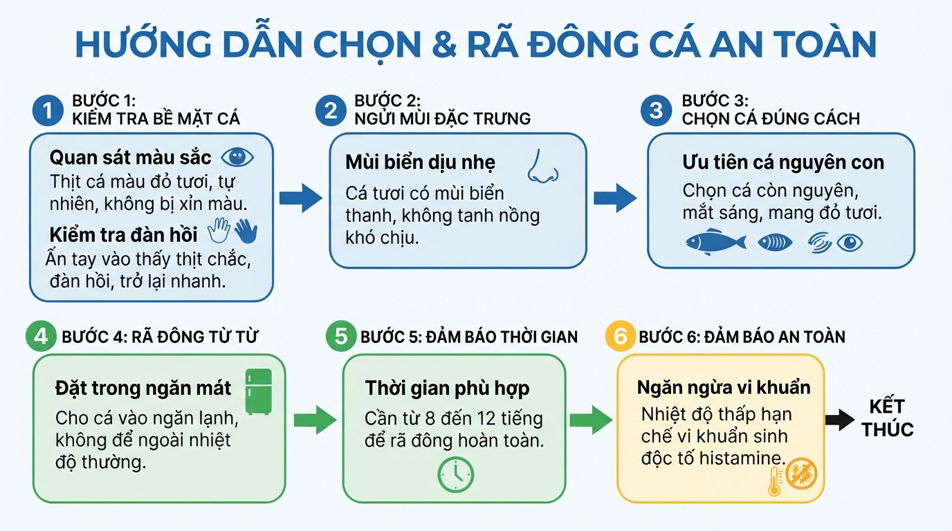 Hướng dẫn các bước lựa chọn và rã đông thịt cá đúng kỹ thuật an toàn.