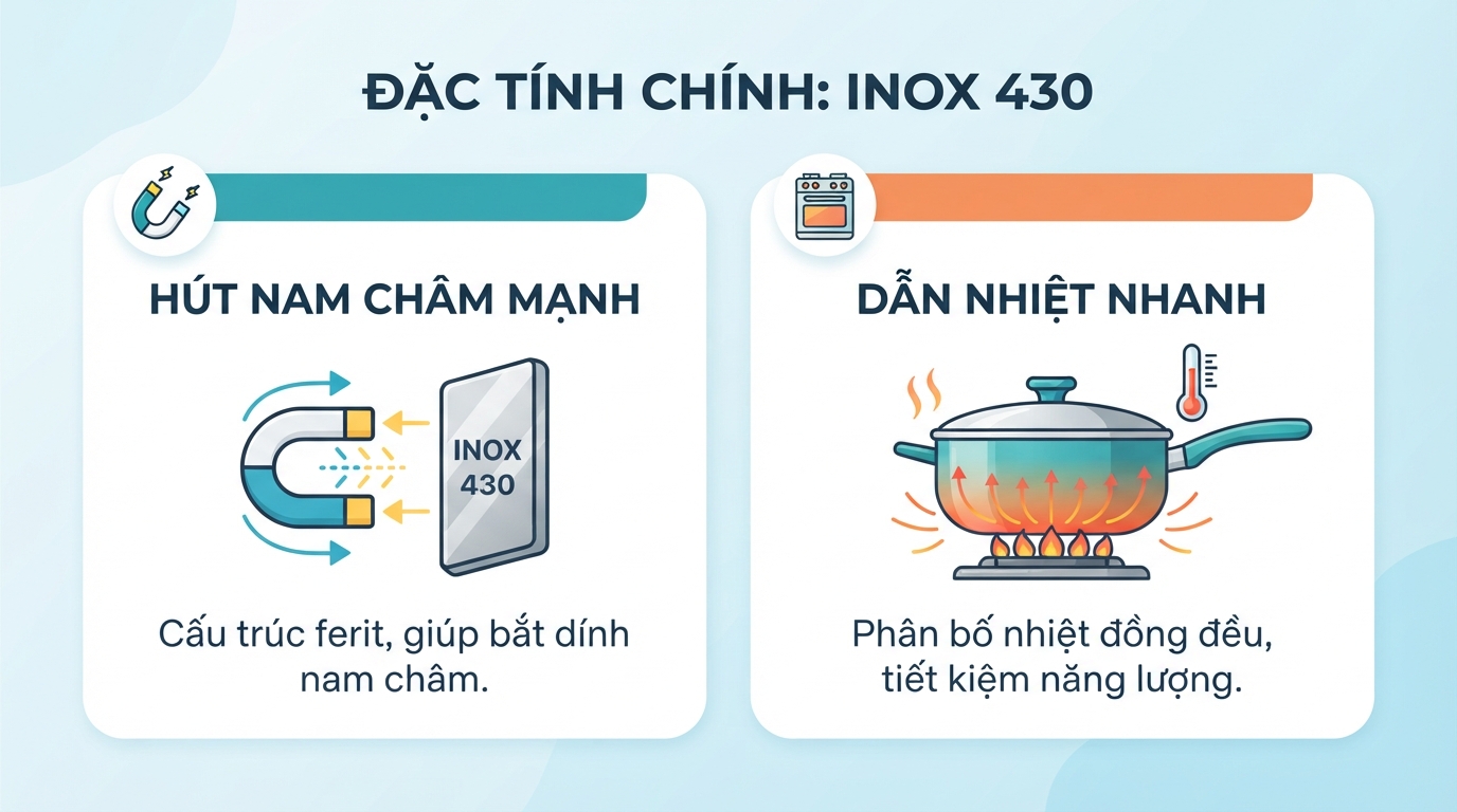 Inox 430 nổi bật với khả năng dẫn nhiệt nhanh và hút nam châm cực mạnh.