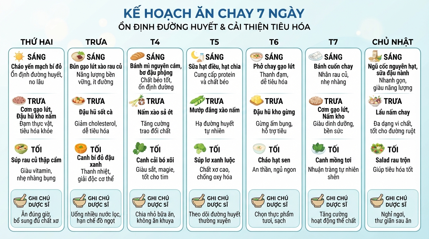 Kế hoạch ăn chay 7 ngày giúp ổn định đường huyết và cải thiện tiêu hóa.