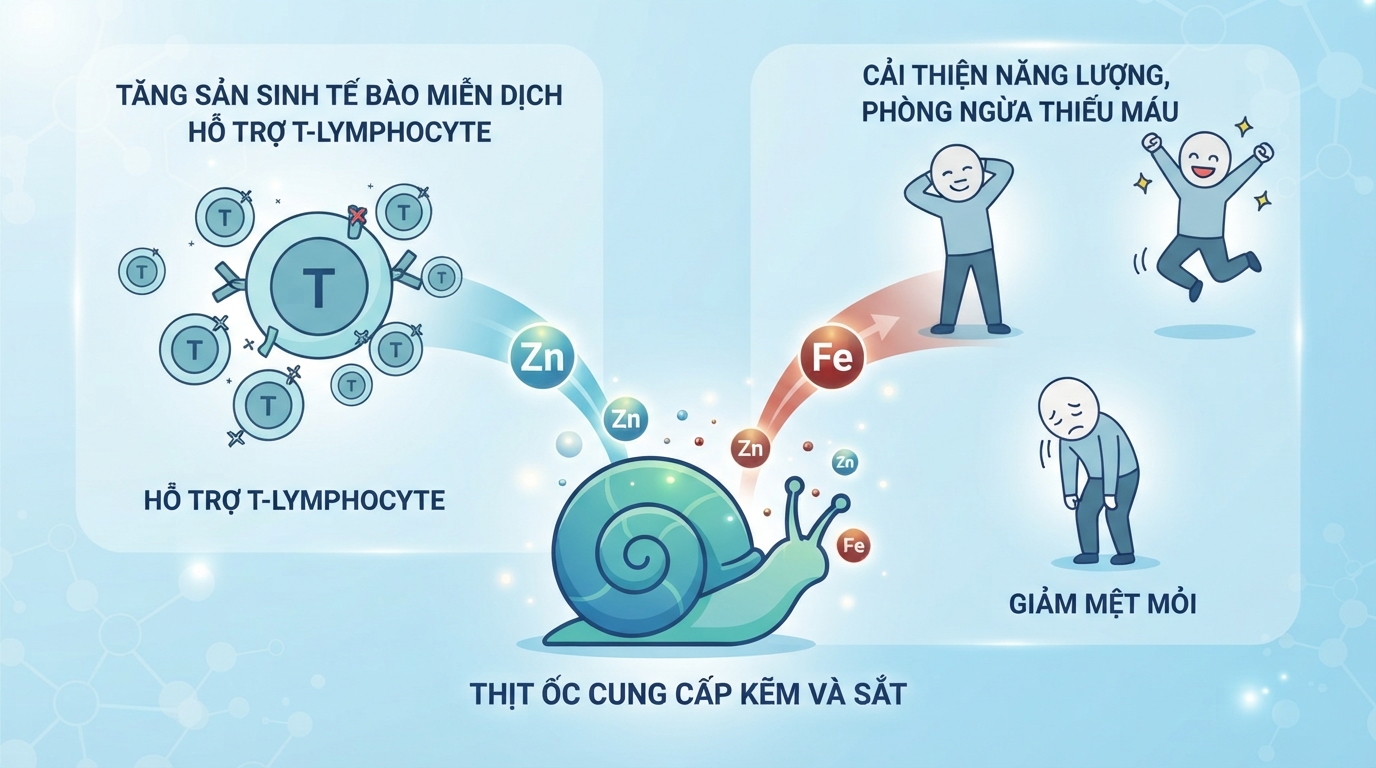 Kẽm và sắt trong ốc giúp tăng sản sinh tế bào miễn dịch và cải thiện mệt mỏi.