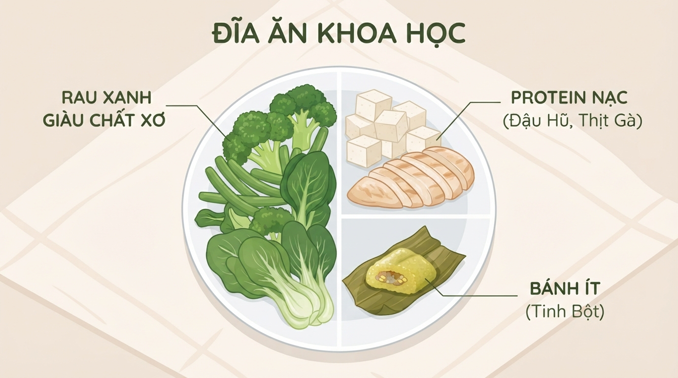 Kết hợp đồ nếp cùng rau xanh và đạm giúp làm chậm hấp thụ tinh bột.