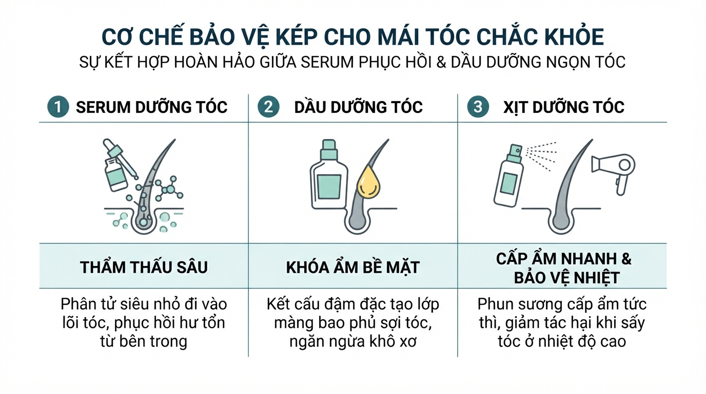 Kết hợp serum phục hồi lõi tóc và dầu dưỡng ngọn tạo cơ chế bảo vệ kép.