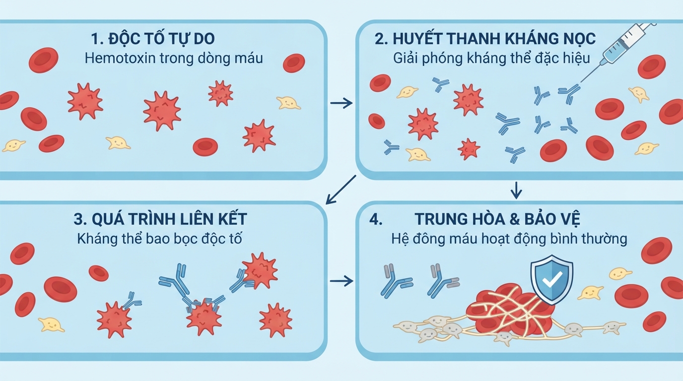 Kháng thể trong huyết thanh liên kết và trung hòa độc tố tự do trong máu.
