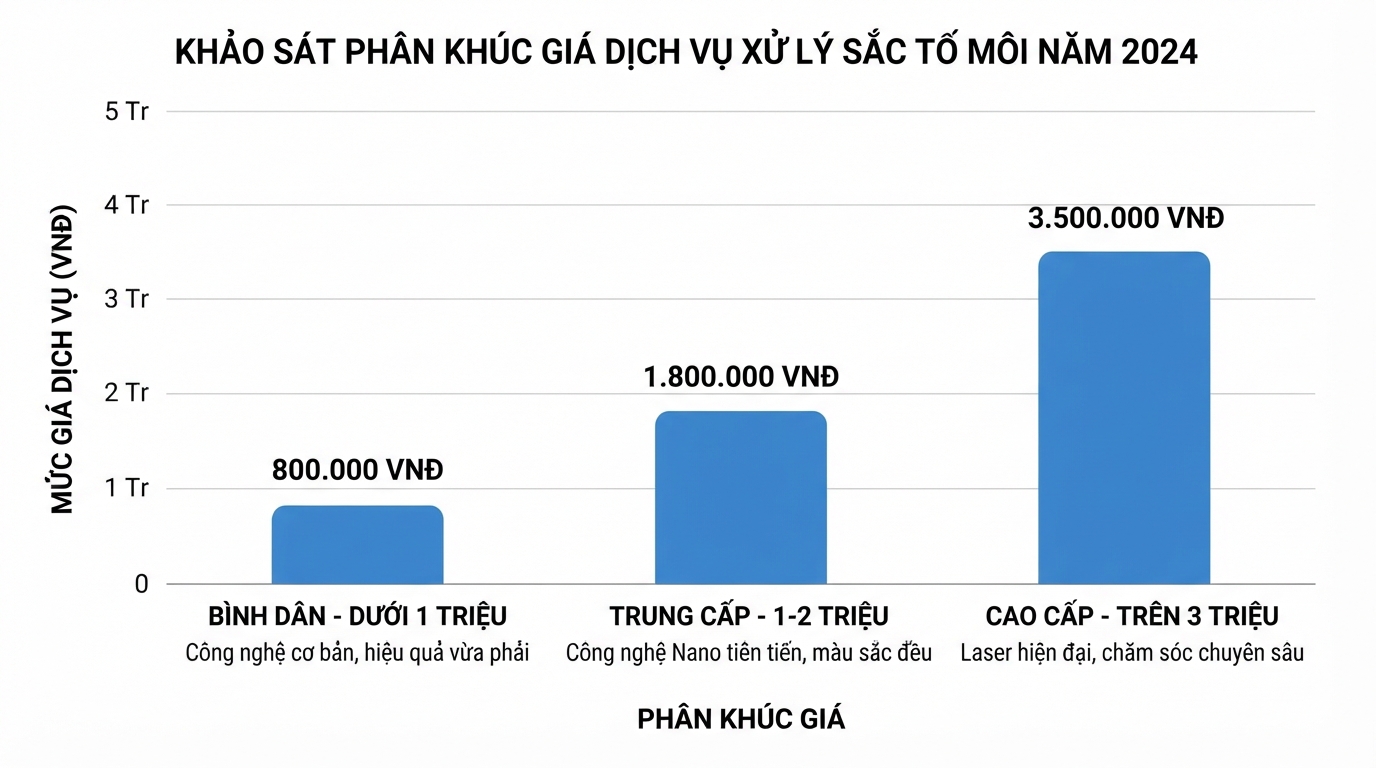 Khảo sát các phân khúc giá dịch vụ xử lý sắc tố môi phổ biến trên thị trường năm 2024.
