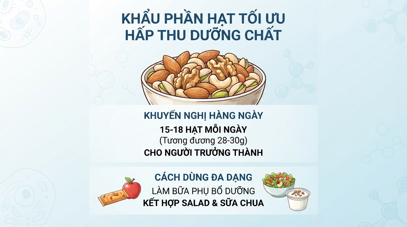 Khẩu phần 15 đến 18 hạt mỗi ngày giúp tối ưu hấp thu dưỡng chất tốt.