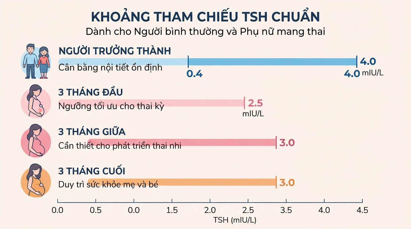 Khoảng tham chiếu TSH chuẩn ở người bình thường và phụ nữ từng giai đoạn mang thai.