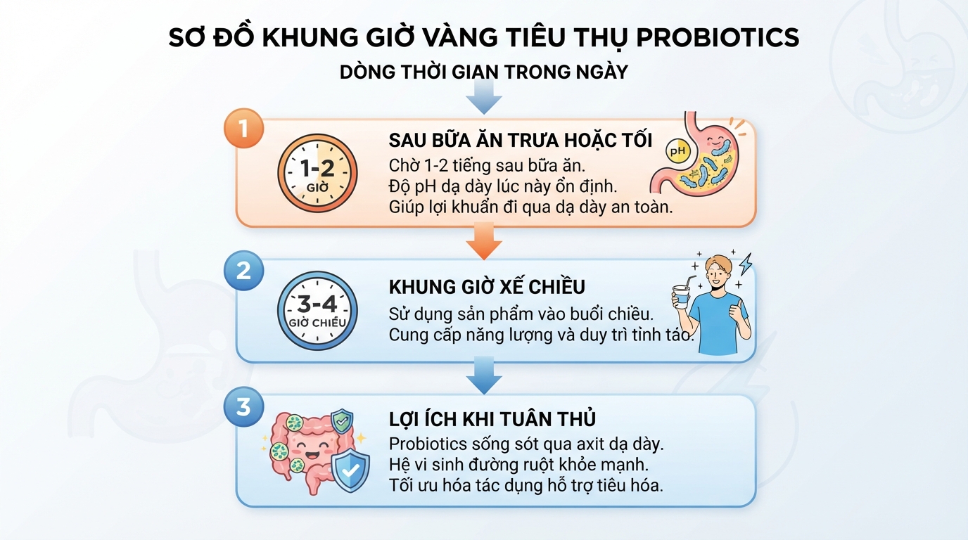 Khung giờ vàng tiêu thụ sản phẩm giúp bảo vệ probiotics khỏi môi trường axit dạ dày.