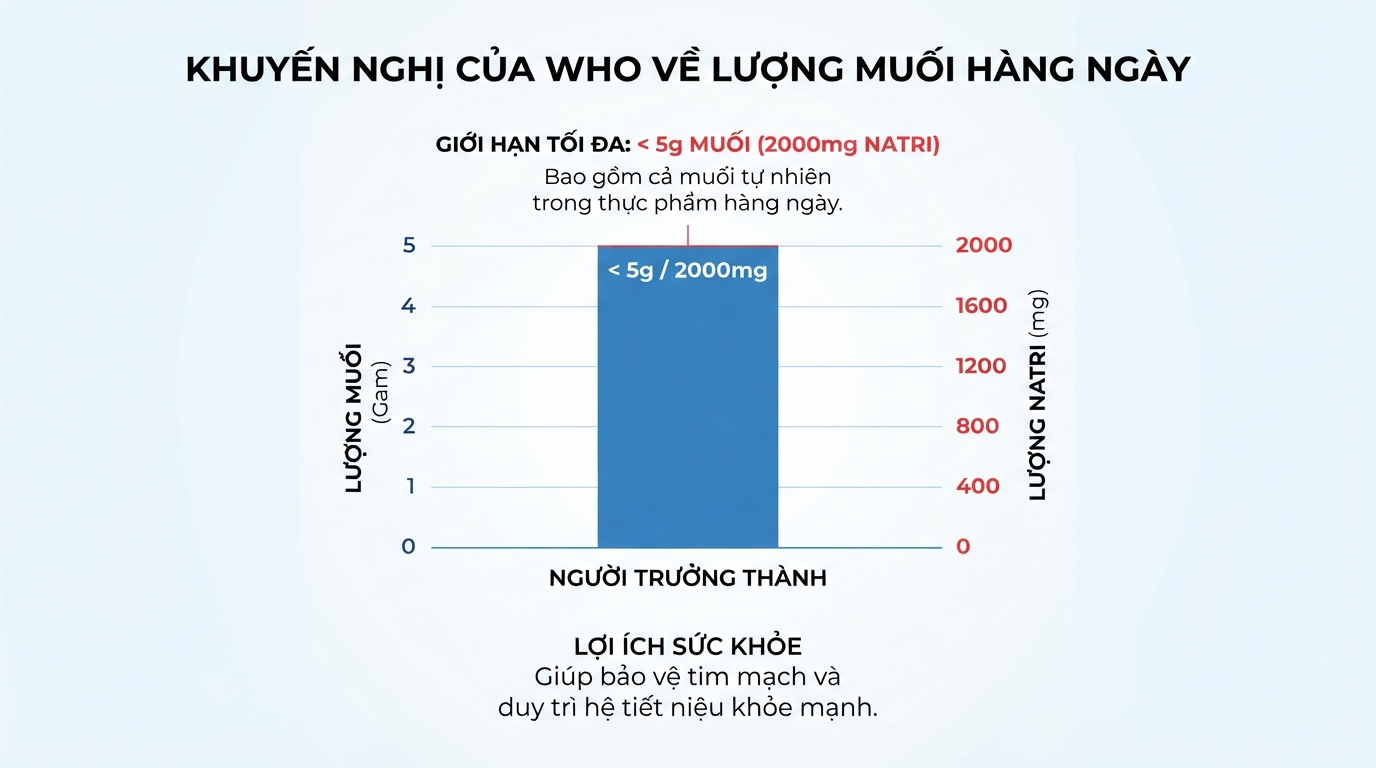 Khuyến nghị 2000mg natri đã bao gồm muối trong thực phẩm hàng ngày.