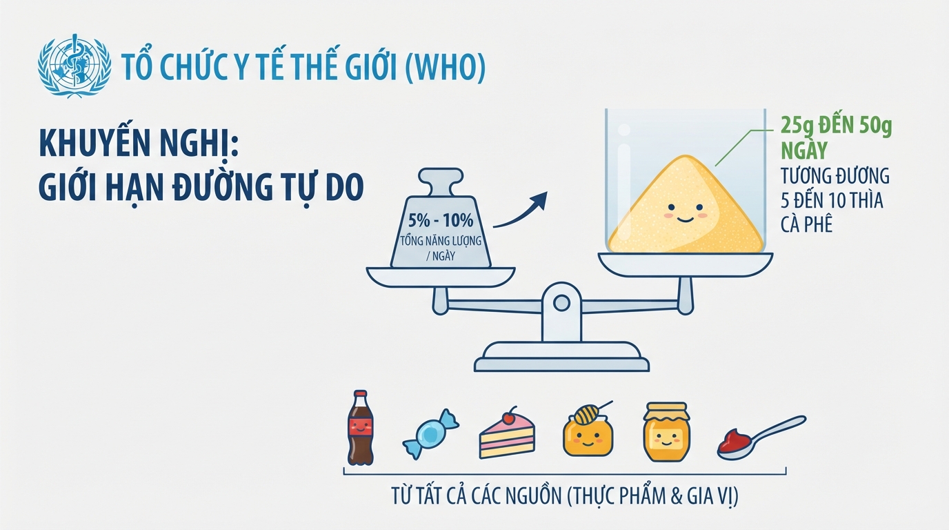 Khuyến nghị giới hạn đường tự do dưới 25-50g mỗi ngày từ Tổ chức Y tế Thế giới.