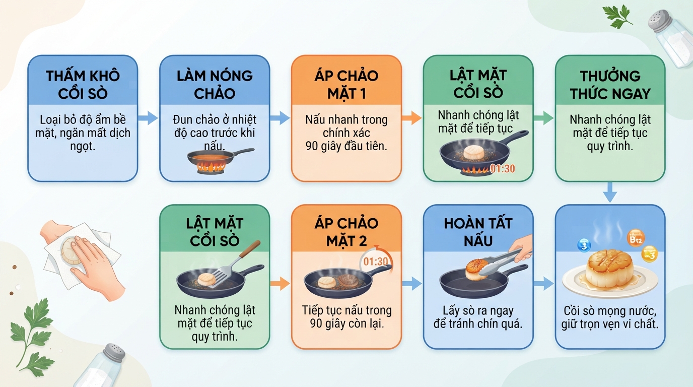 Kiểm soát thời gian áp chảo 90 giây mỗi mặt giúp bảo toàn vi chất và độ mọng.