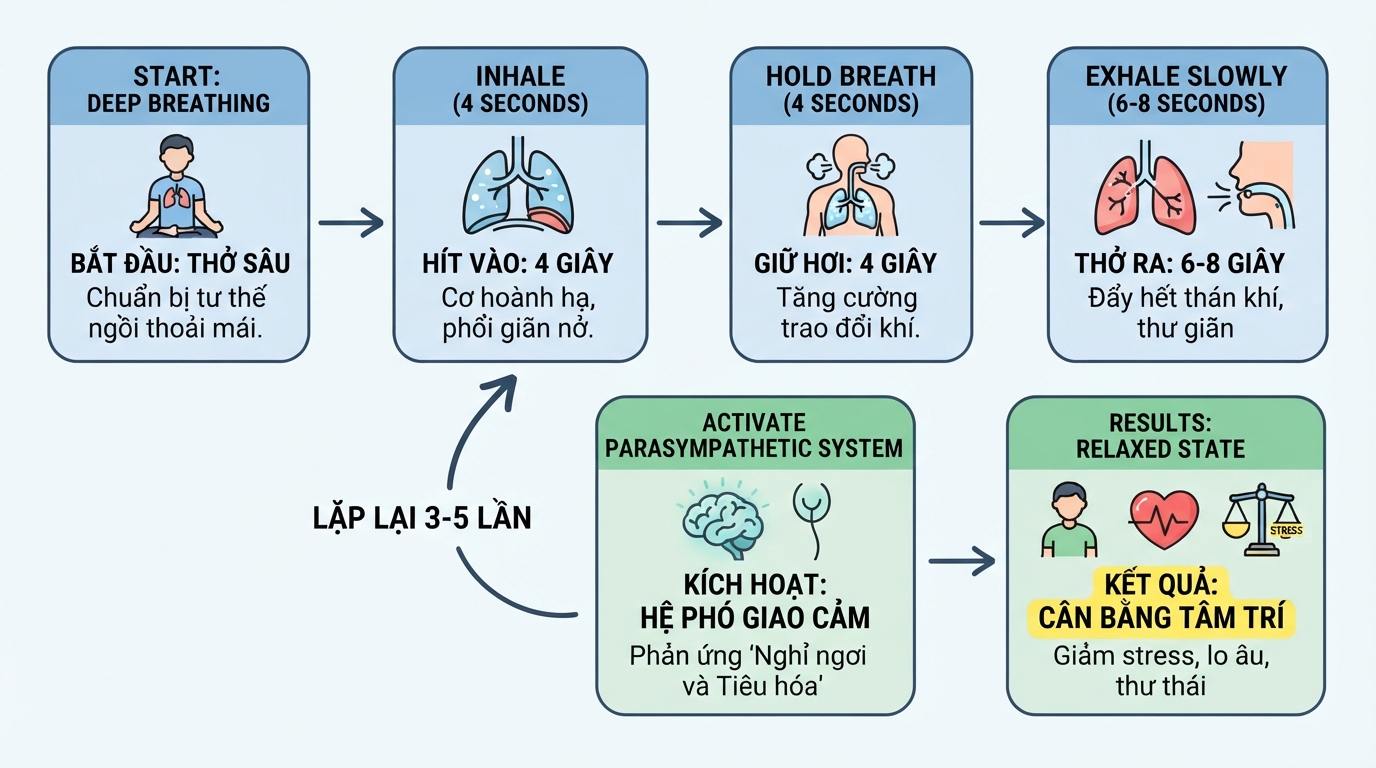 Kỹ thuật hít thở đúng cách giúp kích hoạt hệ thần kinh phó giao cảm.