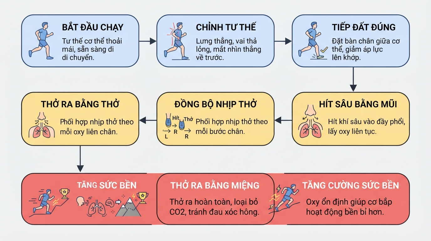 Kỹ thuật hít thở sâu phối hợp nhịp nhàng với tư thế chạy chuẩn giúp tăng cường sức bền.