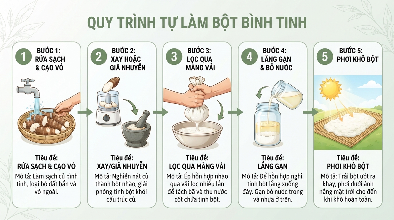 Lắng gạn nhiều lần giúp loại bỏ nhựa củ và thu bột tinh khiết nhất.
