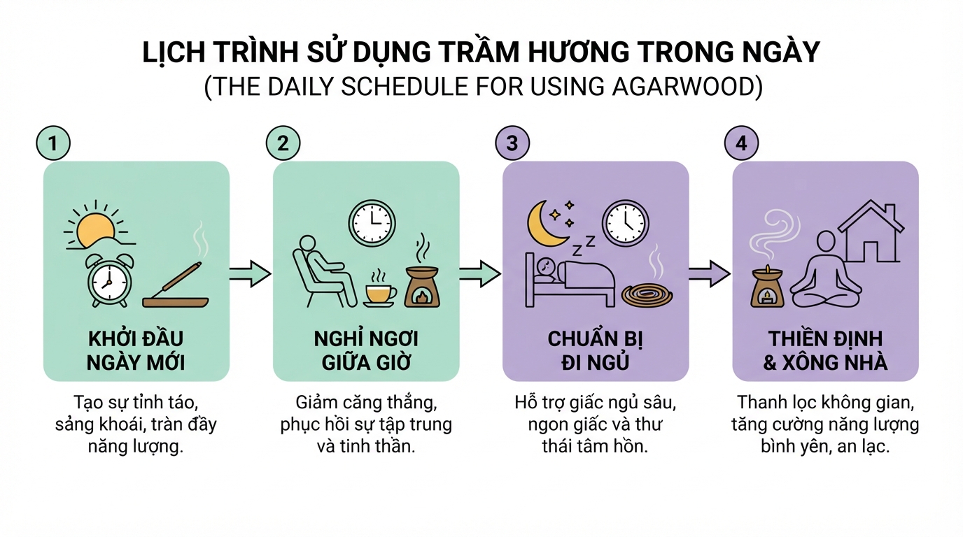 Lịch trình sử dụng trầm hương trong ngày giúp tối ưu hóa khả năng thư giãn và tập trung.