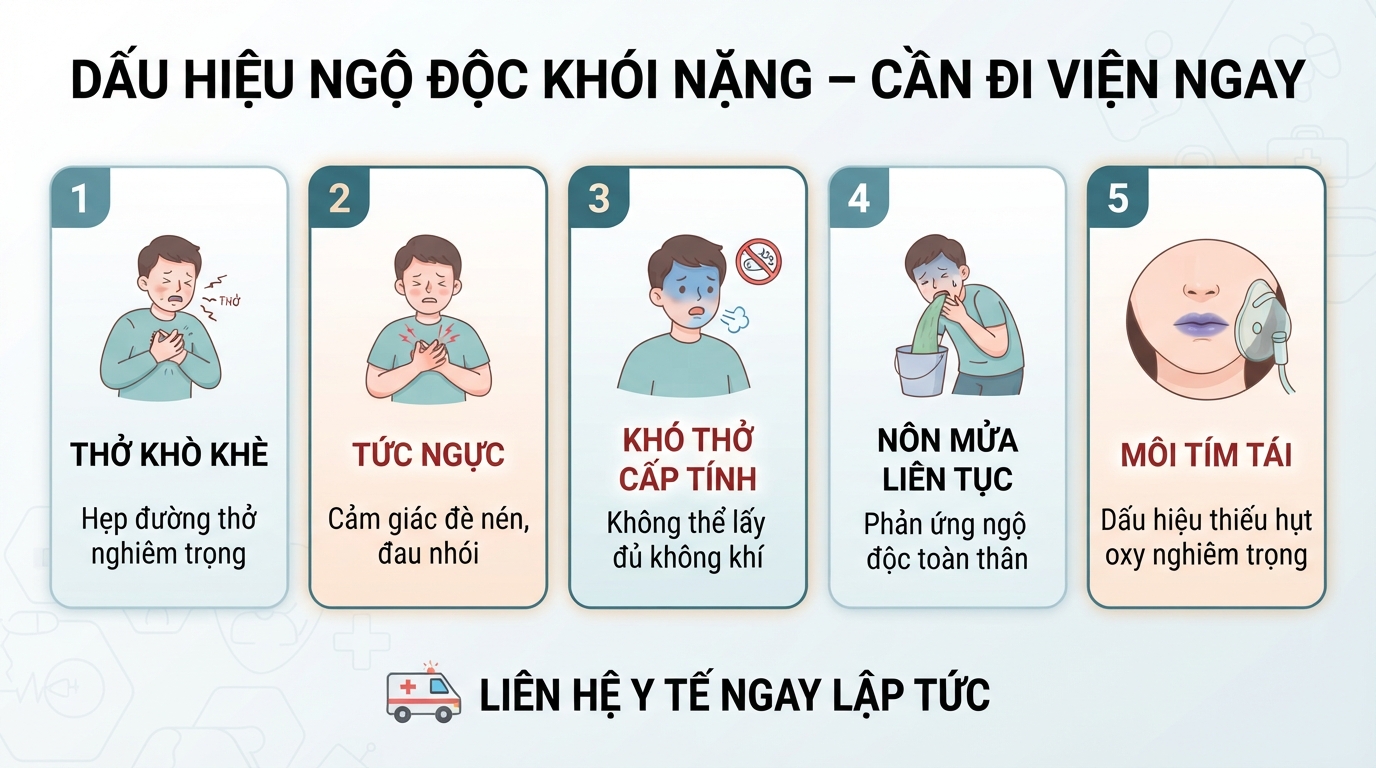 Liên hệ y tế ngay nếu xuất hiện triệu chứng khó thở cấp hoặc môi tím tái sau khi hít khói.