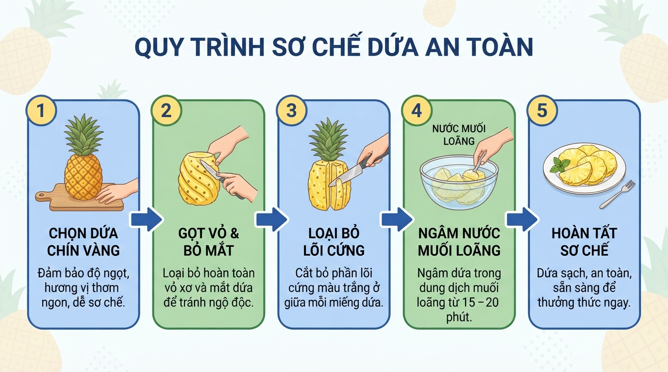 Loại bỏ lõi và mắt dứa giúp giảm thiểu lượng Bromelain cùng nguy cơ ngộ độc thực phẩm.