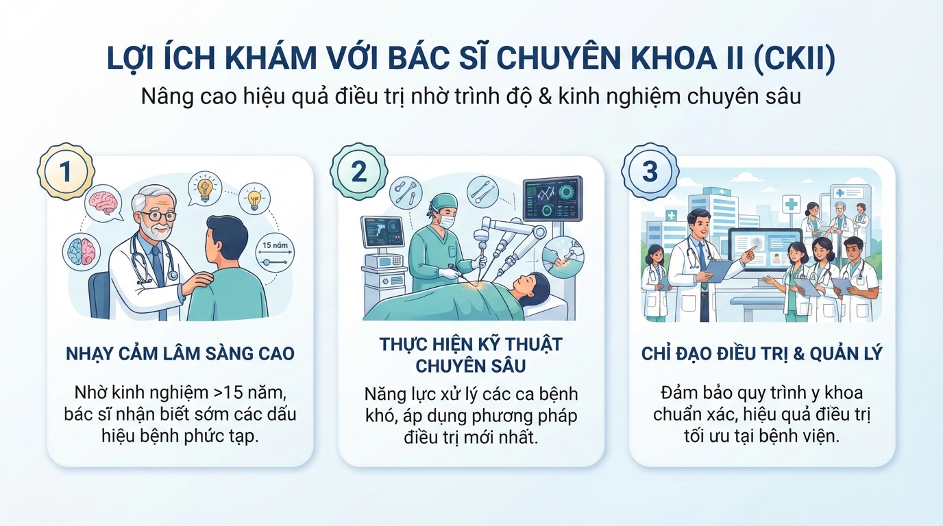 Lợi ích khi khám với bác sĩ CKII nhờ trình độ chuyên môn và kinh nghiệm thực tế.