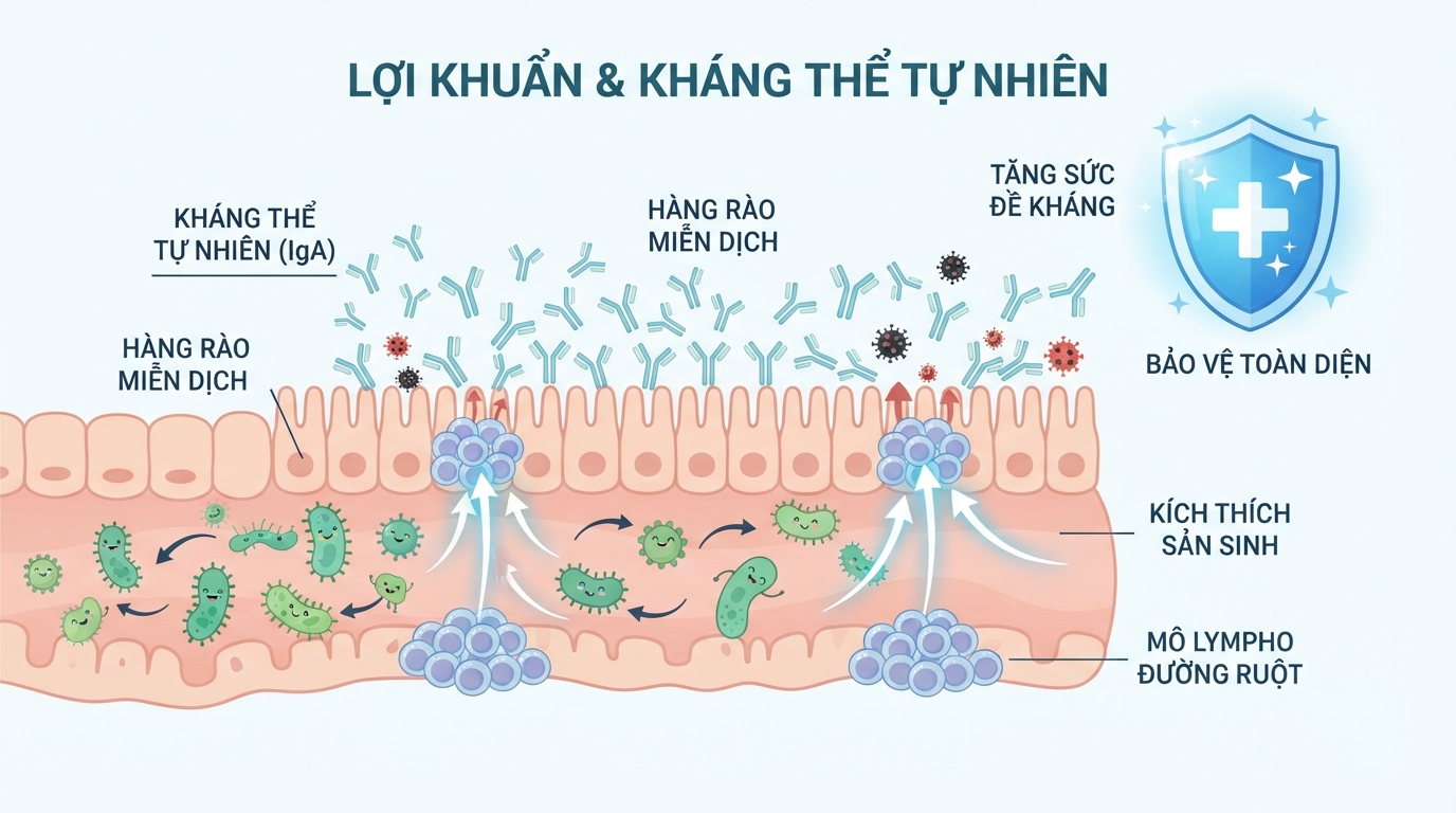 Lợi khuẩn đường ruột kích thích sản sinh kháng thể tự nhiên giúp tăng sức đề kháng.