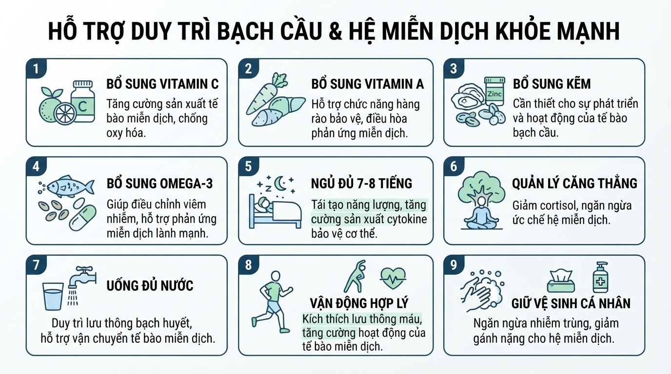 Lối sống lành mạnh và dinh dưỡng cân bằng hỗ trợ duy trì bạch cầu ổn định.