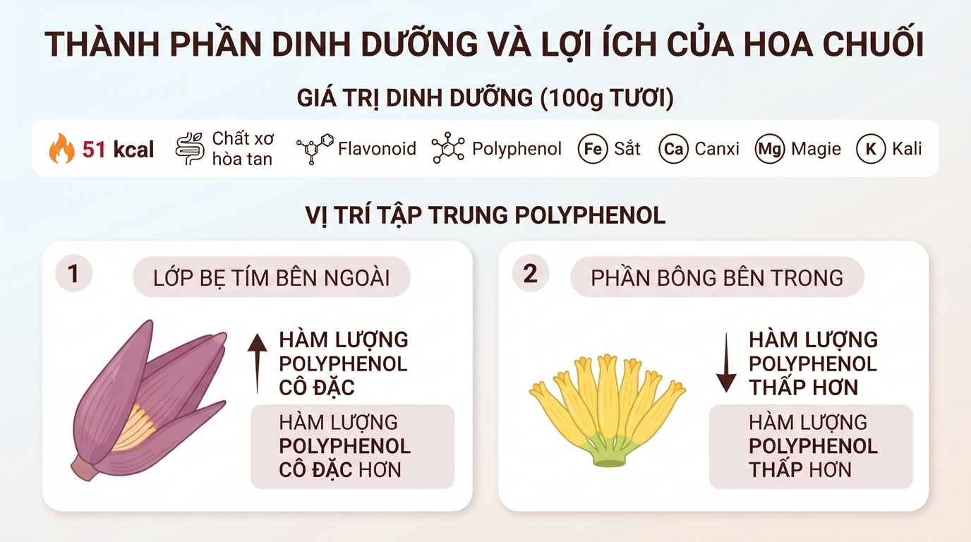 Lớp bẹ tím hoa chuối chứa hàm lượng polyphenol cô đặc hơn phần bông bên trong.