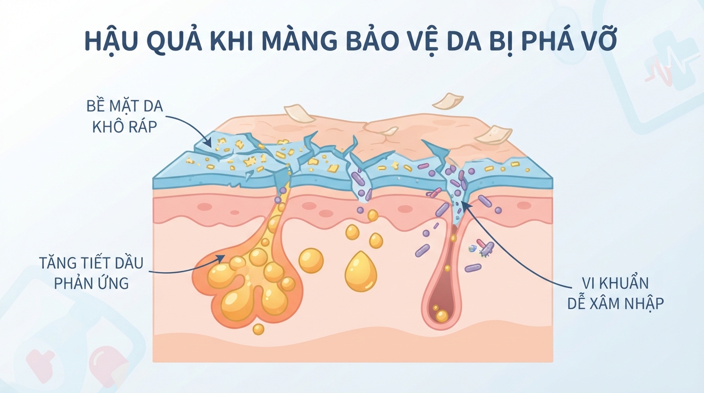 Lớp màng bảo vệ da tổn thương làm tăng tiết bã nhờn và gây khô ráp.