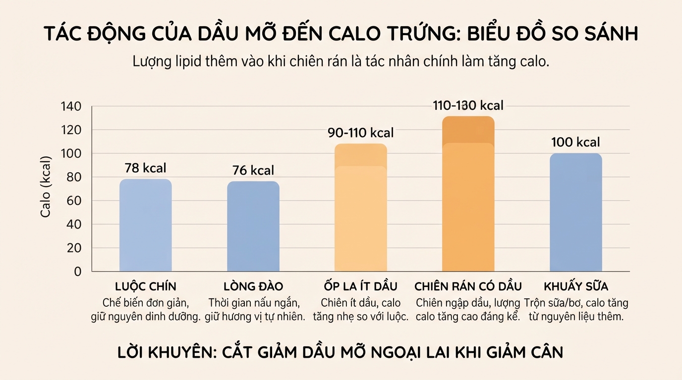 Lượng lipid thêm vào khi chiên rán là tác nhân chính làm tăng calo của món trứng.