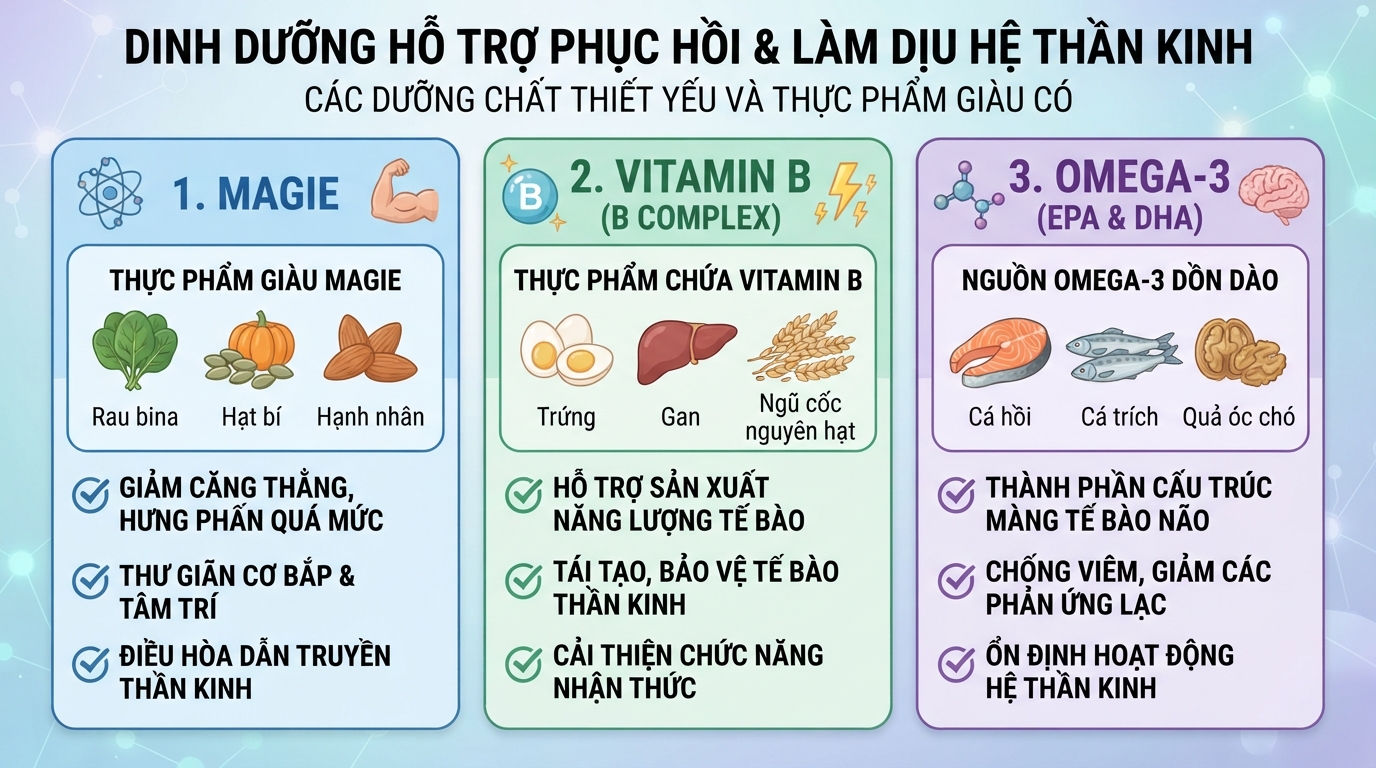 Magie, Vitamin B và Omega-3 hỗ trợ phục hồi hệ thần kinh và giảm hưng phấn quá mức.