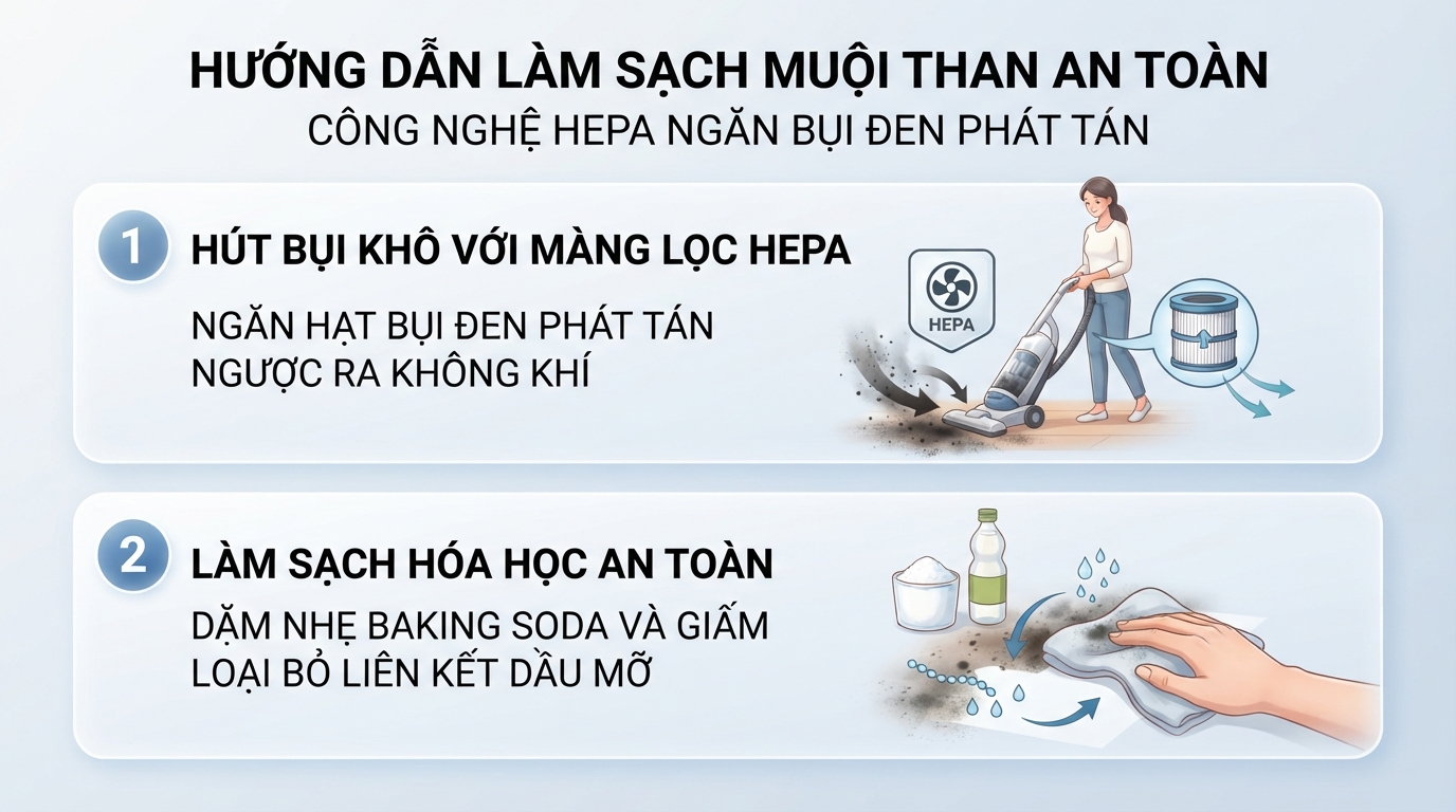 Màng lọc HEPA ngăn các hạt bụi đen phát tán ngược lại không khí khi dọn dẹp.
