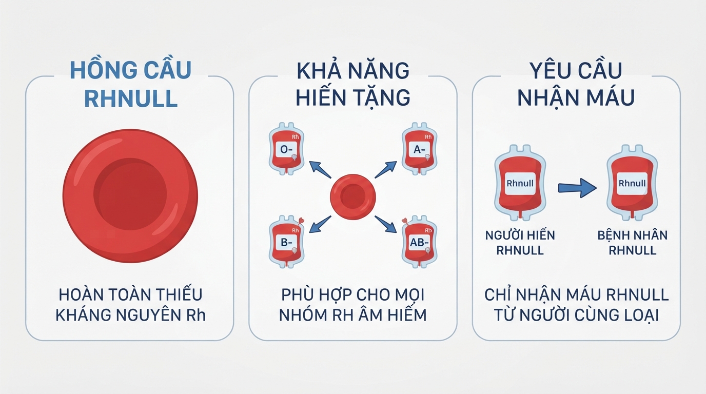 Máu Rhnull thiếu mọi kháng nguyên Rh, có thể truyền cấp cứu cho người khác.