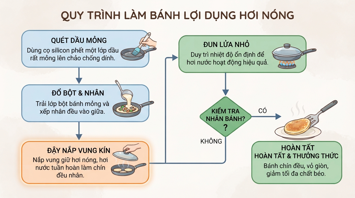 Mẹo đậy nắp vung giúp nhân chín đều bằng hơi nóng mà không cần nhiều dầu mỡ.