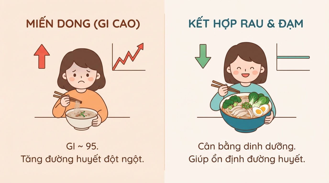 Mẹo kết hợp rau xanh và chất đạm giúp ổn định đường huyết khi ăn miến.