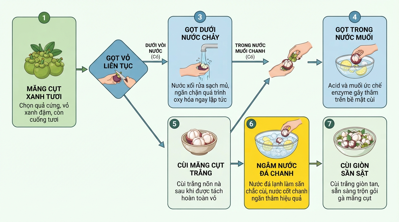 Mẹo làm gỏi gà măng cụt giòn trắng nhờ ngâm nước đá chanh ngăn oxy hóa cùi.
