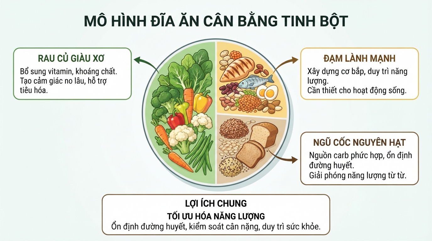 Mô hình đĩa ăn giúp cân bằng lượng tinh bột trong khẩu phần hàng ngày.
