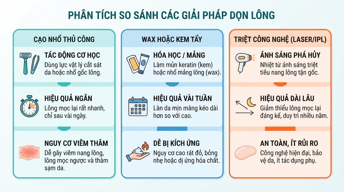Mỗi giải pháp dọn lông có độ sâu tác động và thời gian duy trì hoàn toàn khác nhau.