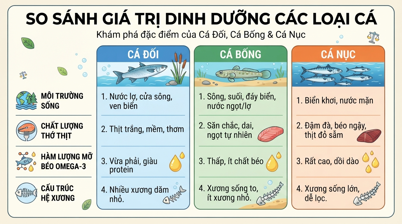 Mỗi loại cá mang giá trị dinh dưỡng riêng phù hợp với từng đối tượng sử dụng.