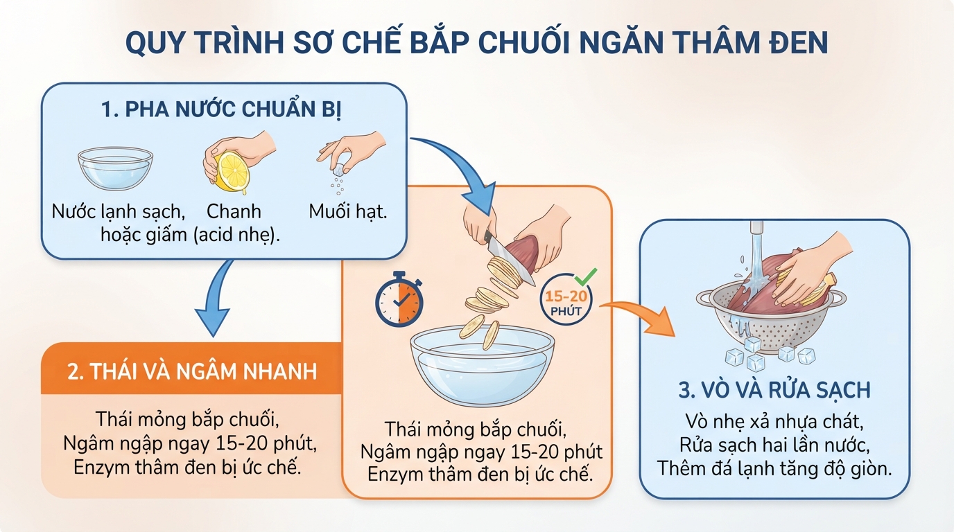 Môi trường acid nhẹ từ chanh và muối giúp ngăn enzym polyphenol oxidase gây thâm đen.